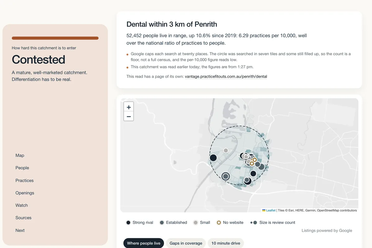 A Practice Vantage read: a map of a suburb with the practices marked, the verdict, and who lives there