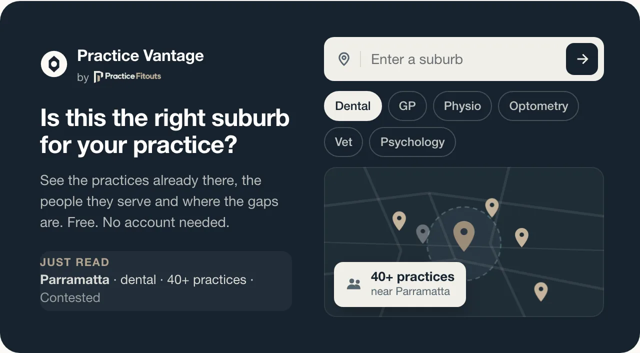 The Practice Vantage console in the site's Sectors menu: a suburb field, discipline buttons, a schematic map and the most recent read