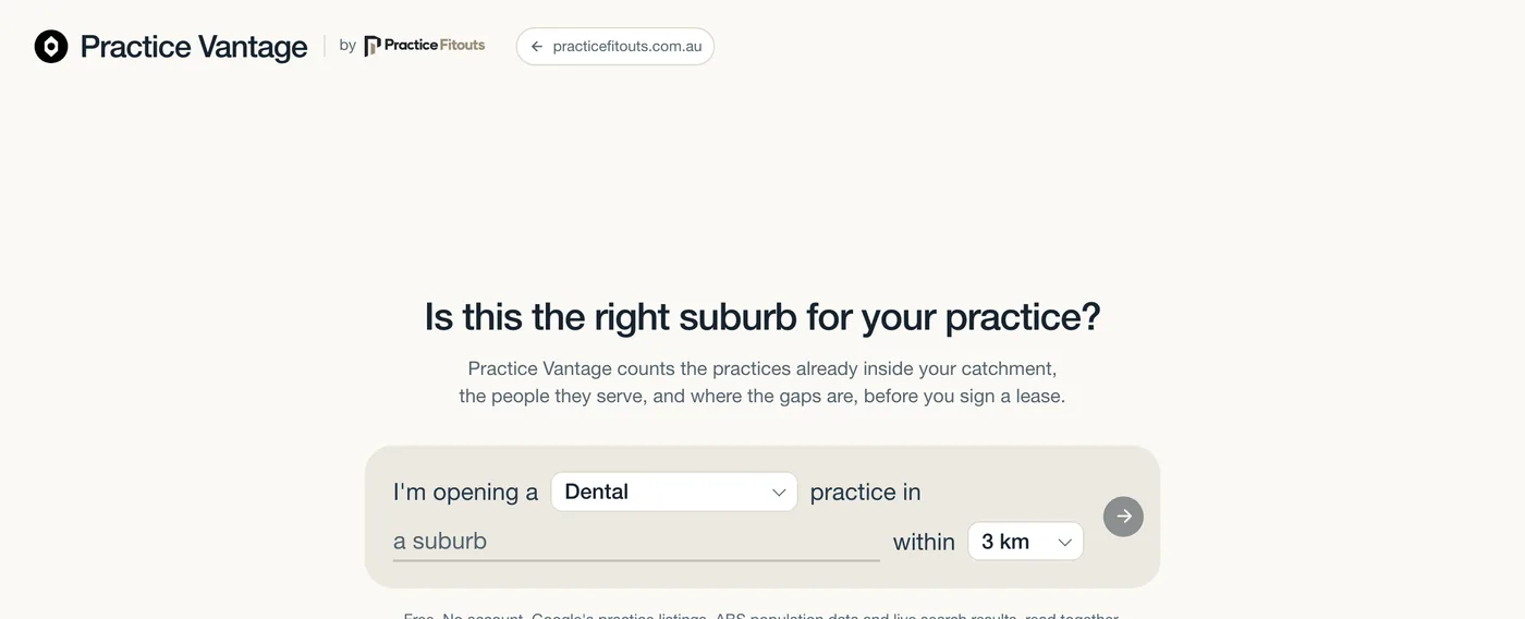 The Practice Vantage front page: a sentence with a discipline, a suburb and a radius to fill in