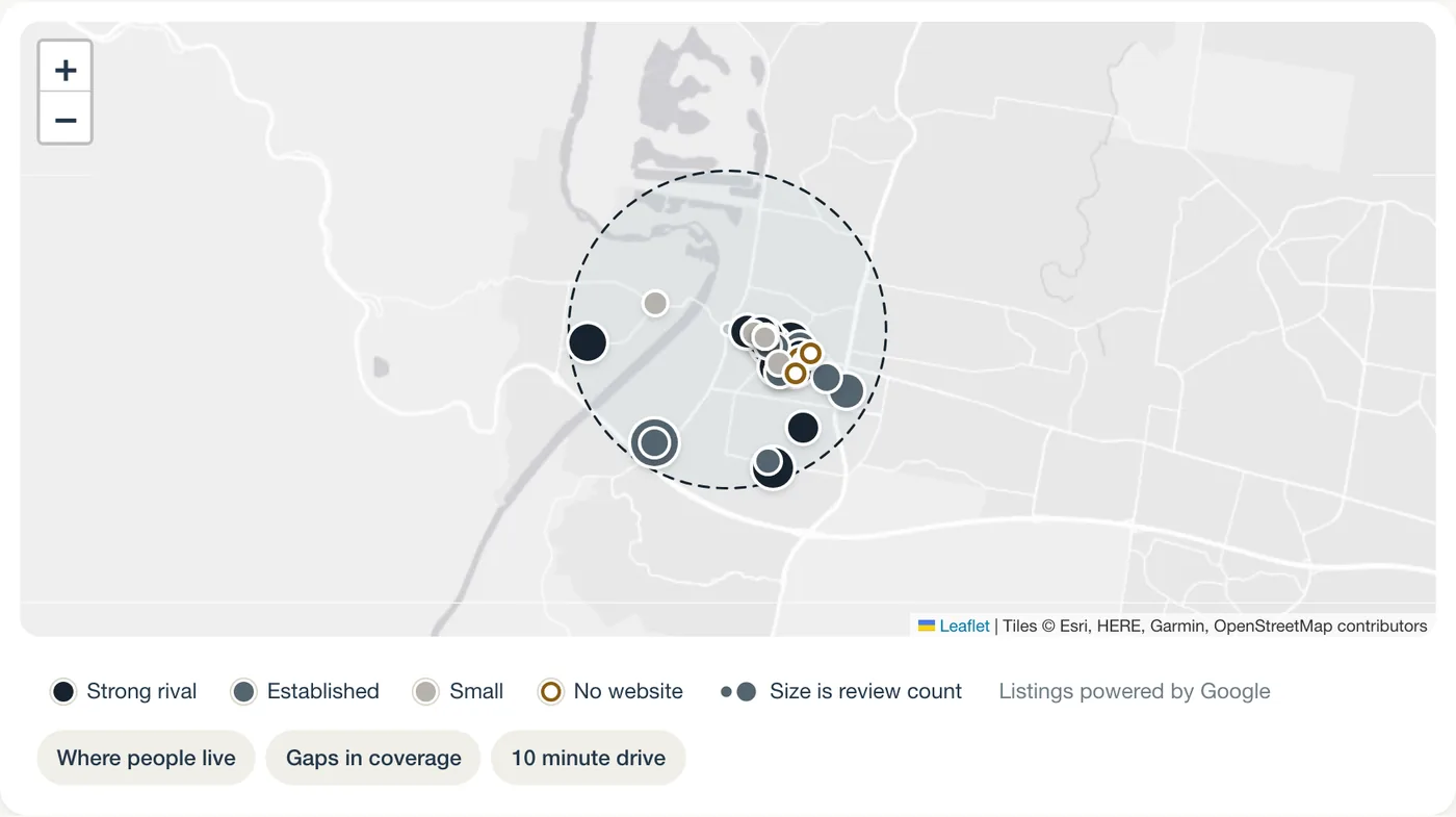 The catchment map: a dashed 3 km circle around Penrith with practices marked as dots sized by review count
