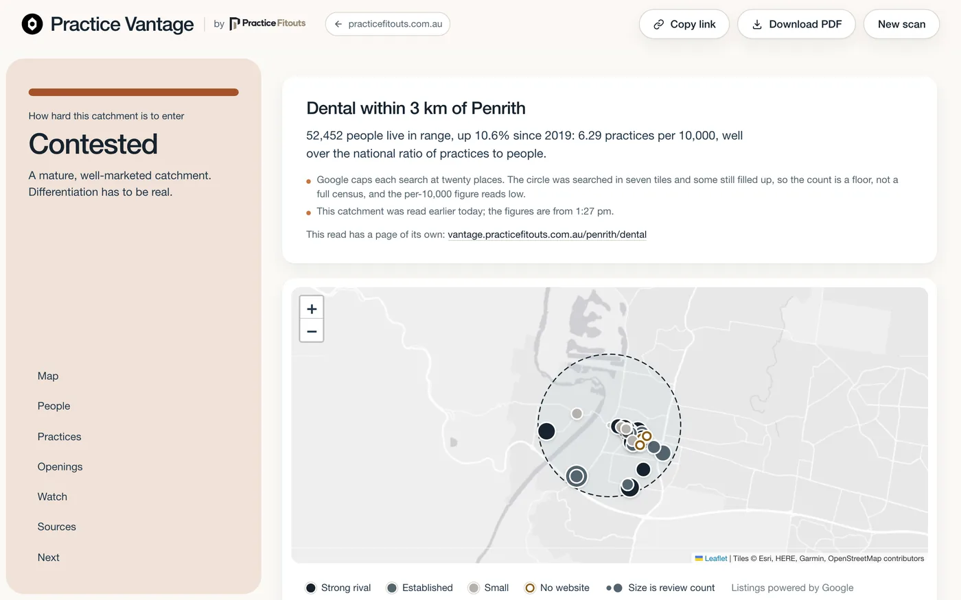 A Practice Vantage read for dental within 3 km of Penrith: the verdict Contested on the left, the headline figures and the catchment map on the right